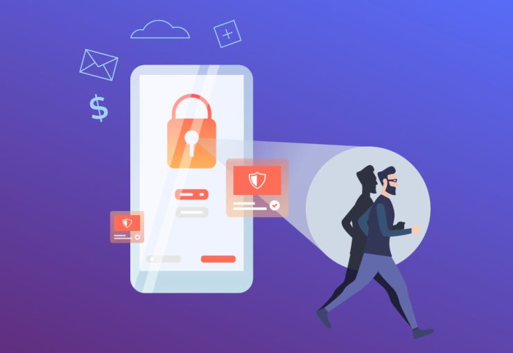 An illustrative graphic demonstrating ways to protect your mobile phone from hackers, featuring an oversized smartphone with a padlock symbol on the screen and icons representing security measures, while a shadowy figure in a thief's guise symbolizes potential hacking threats.