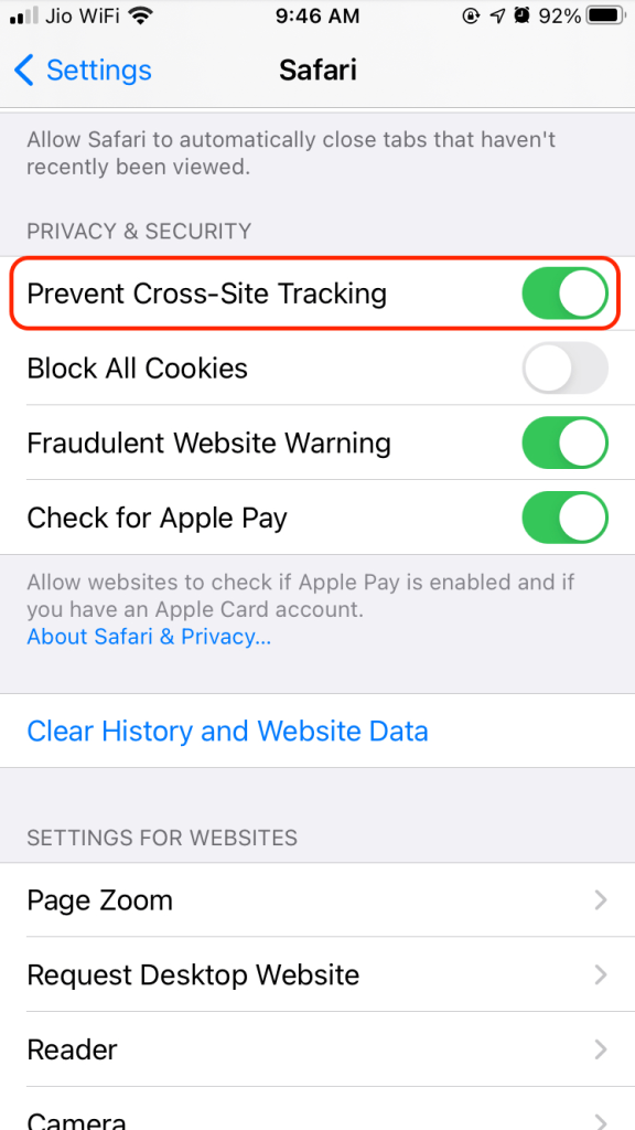 Disable Cross Site Tracking To Stop Websites From Tracking Your Phone